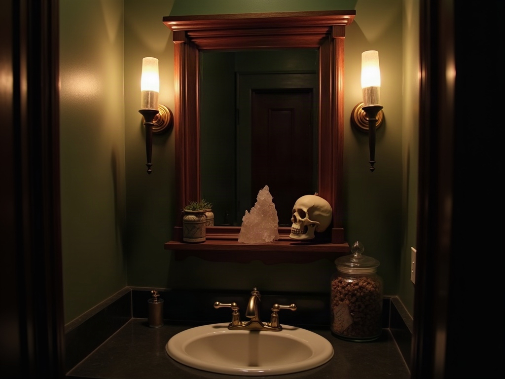 Curio shelf of small curiosities in a bathroom