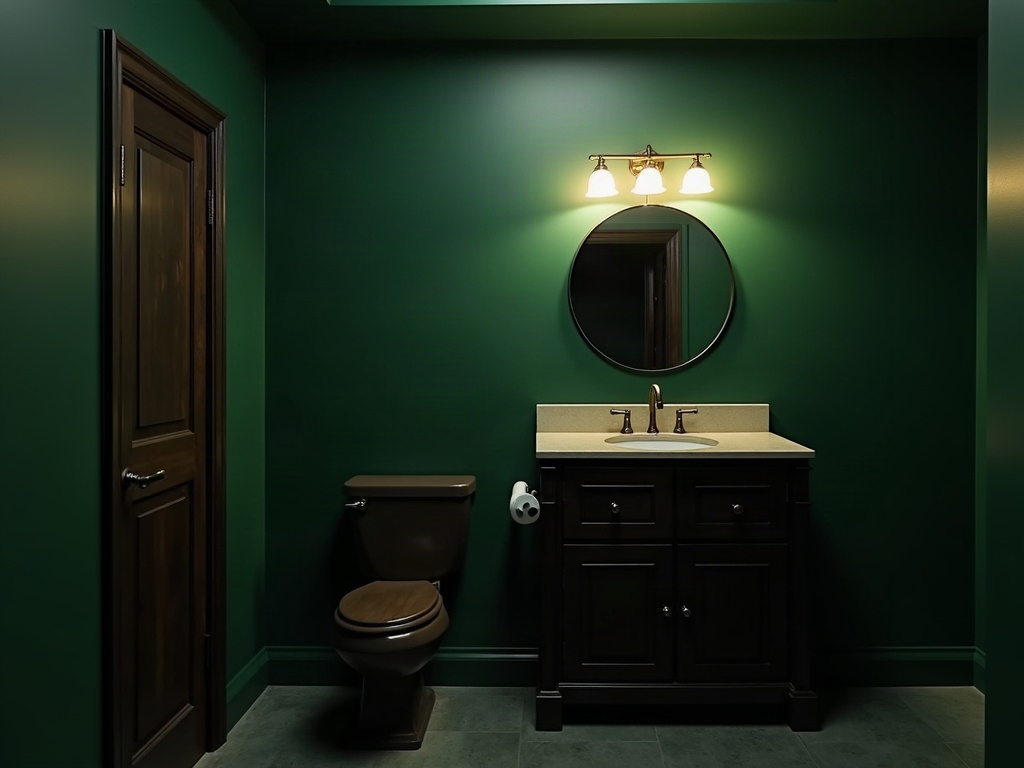 Dark academia bathroom with deep forest green walls