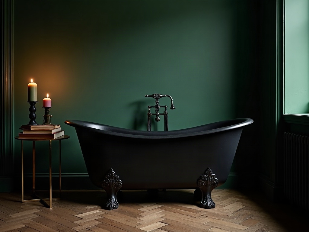 Freestanding black slipper bathtub in a dark academia bathroom