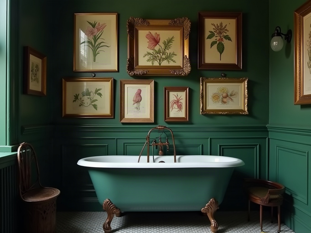 Gallery wall of botanical prints in a dark academia bathroom