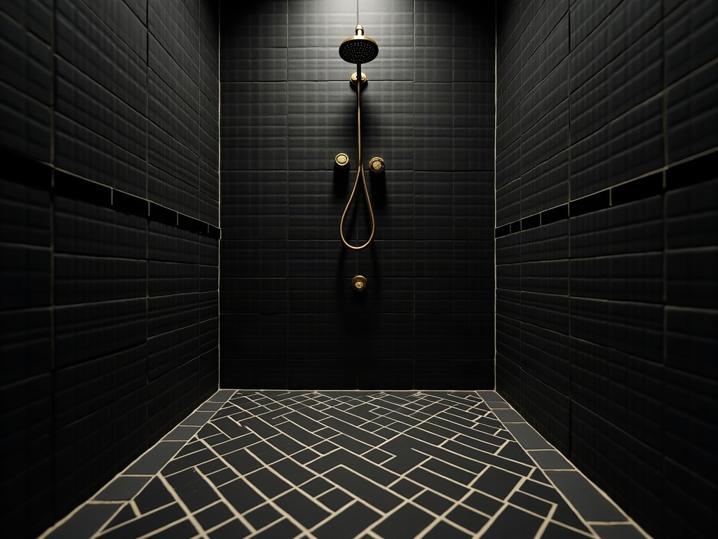 Dark herringbone tile with contrast grout in a bathroom