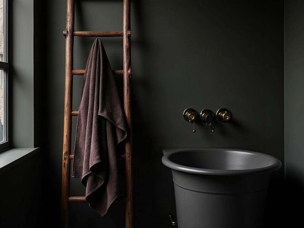 Wooden ladder towel rack in a dark academia bathroom