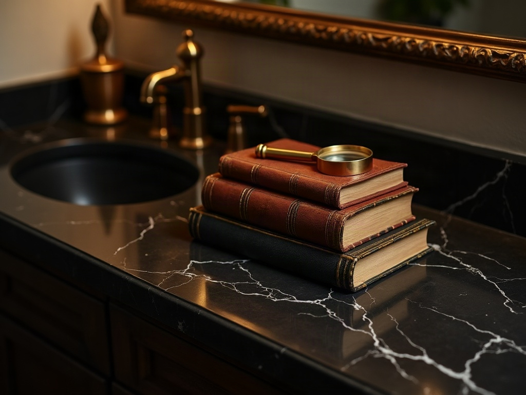 Leather-bound books styled on a bathroom vanity counter