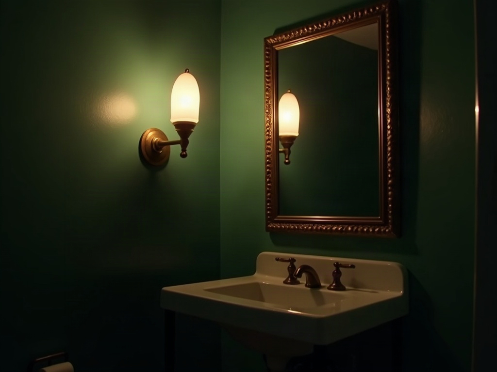 Brass library-style picture light above a bathroom mirror