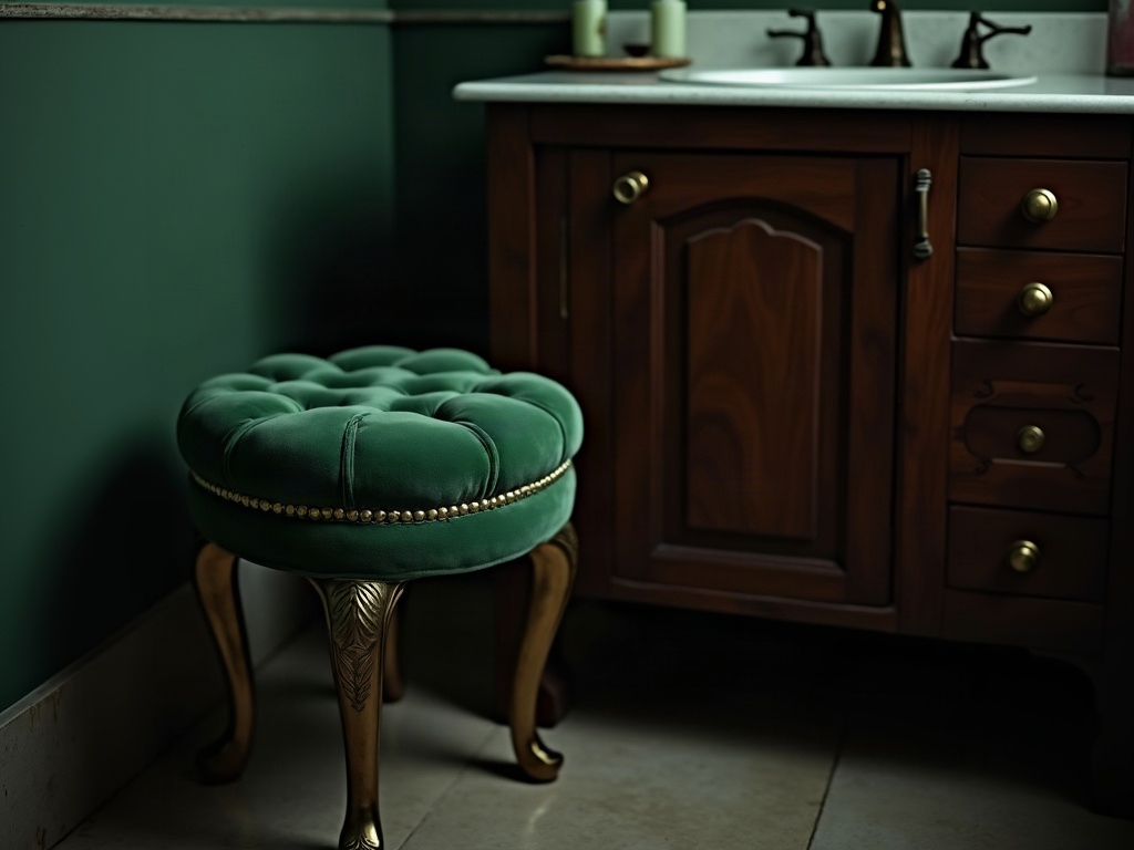 Vintage tufted vanity stool in a dark academia bathroom