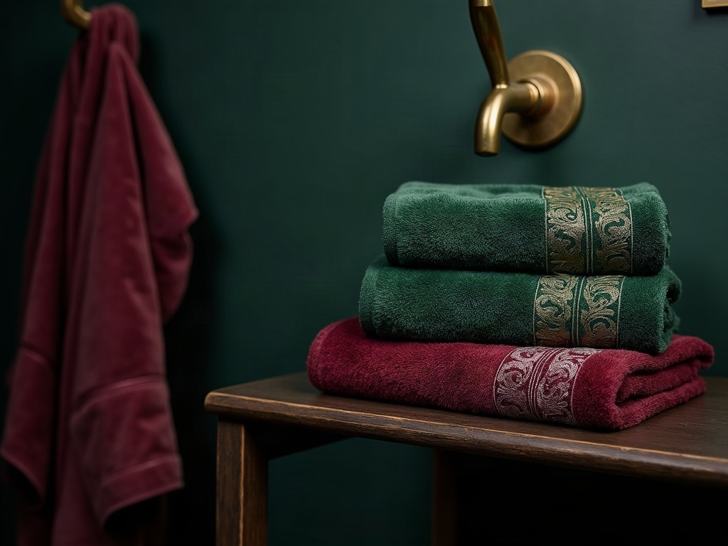 Velvet and brocade bath towels in jewel tones
