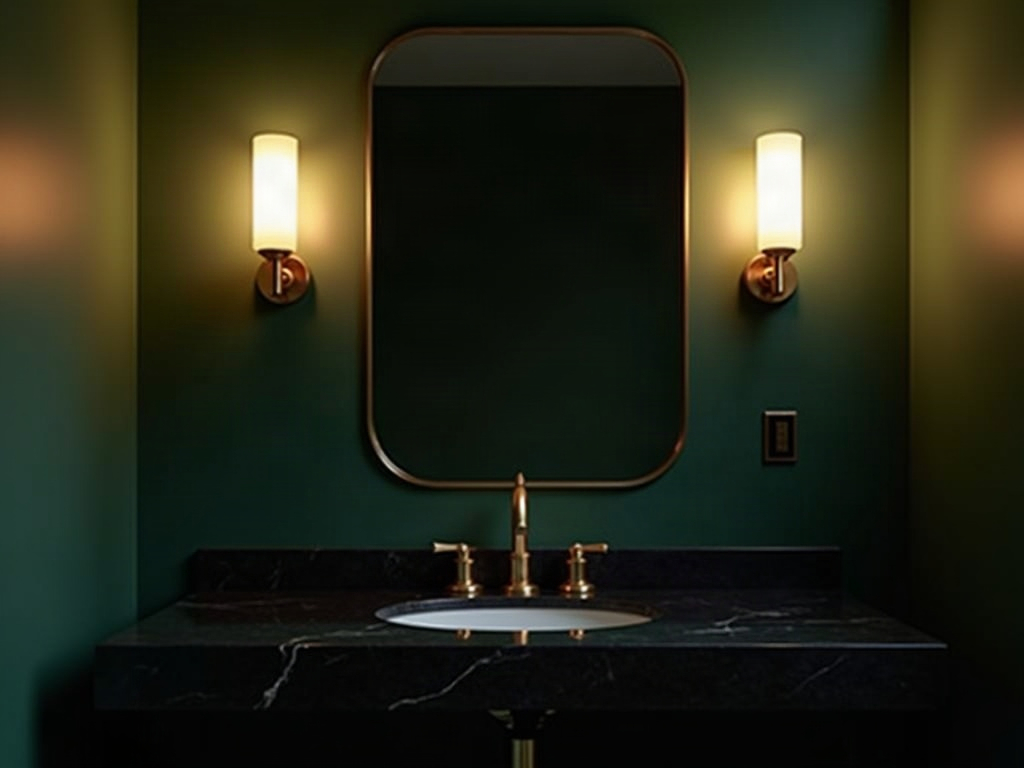 Brass wall sconces flanking a bathroom mirror